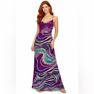 ROMY Abstract Print Maxi Dress Purple Teal Boho Spaghetti Strap Summer Dress